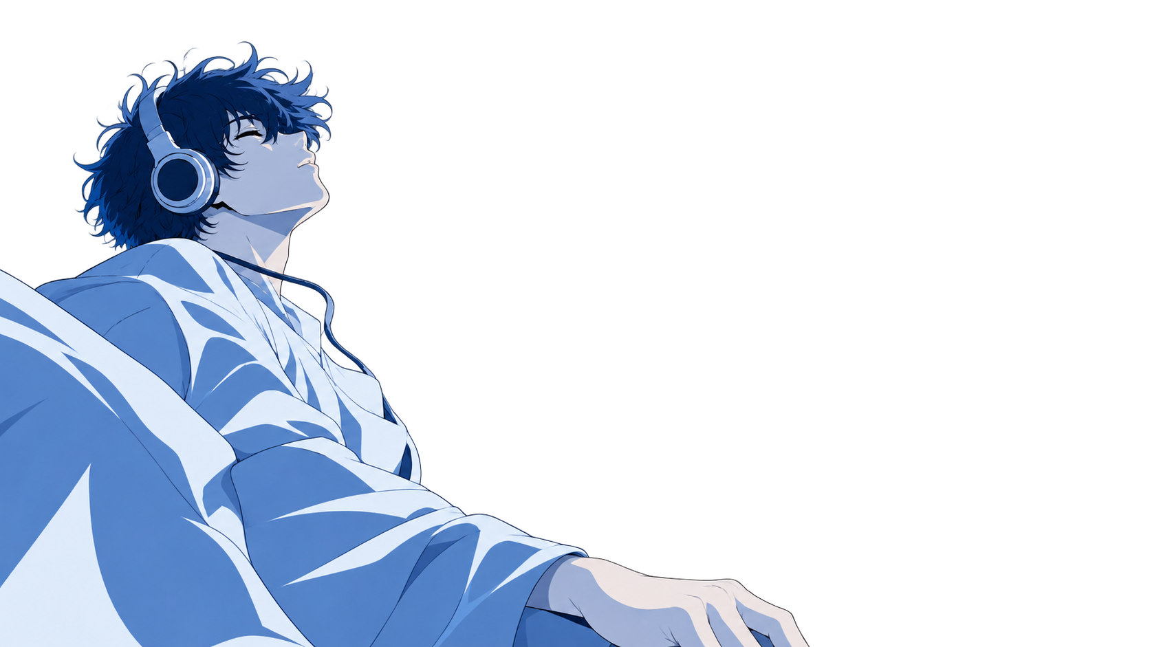 戴着耳机、仰面沉入蓝色水中的少年插画